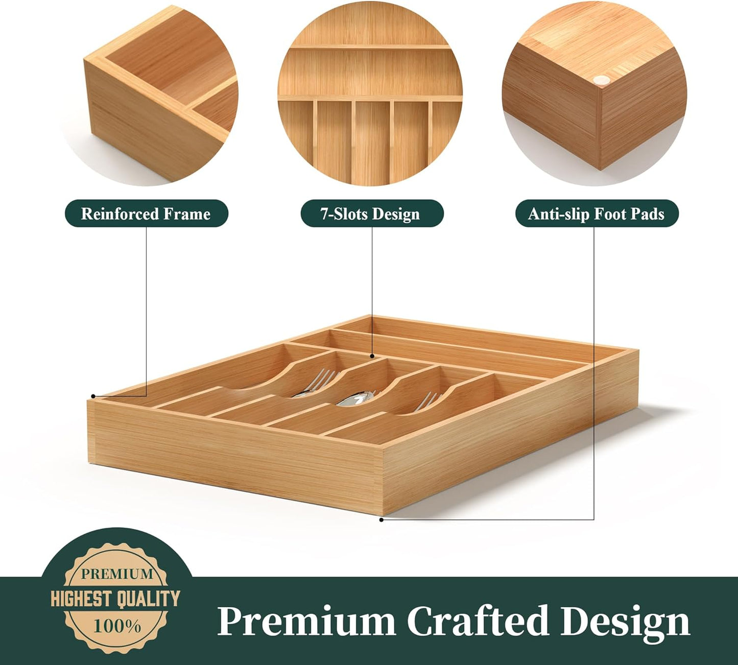 Bamboo Silverware Organizer, Kitchen Drawer Organizer, Utensil Holder, Cutlery Tray & Spoon Flatware Storage with Grooved Drawer Dividers (9.5''W x 13.5''D)
