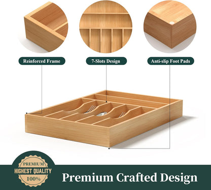 Bamboo Silverware Organizer, Kitchen Drawer Organizer, Utensil Holder, Cutlery Tray & Spoon Flatware Storage with Grooved Drawer Dividers (9.5''W x 13.5''D)