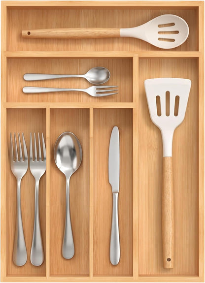 Bamboo Silverware Organizer, Kitchen Drawer Organizer, Utensil Holder, Cutlery Tray & Spoon Flatware Storage with Grooved Drawer Dividers (9.5''W x 13.5''D)