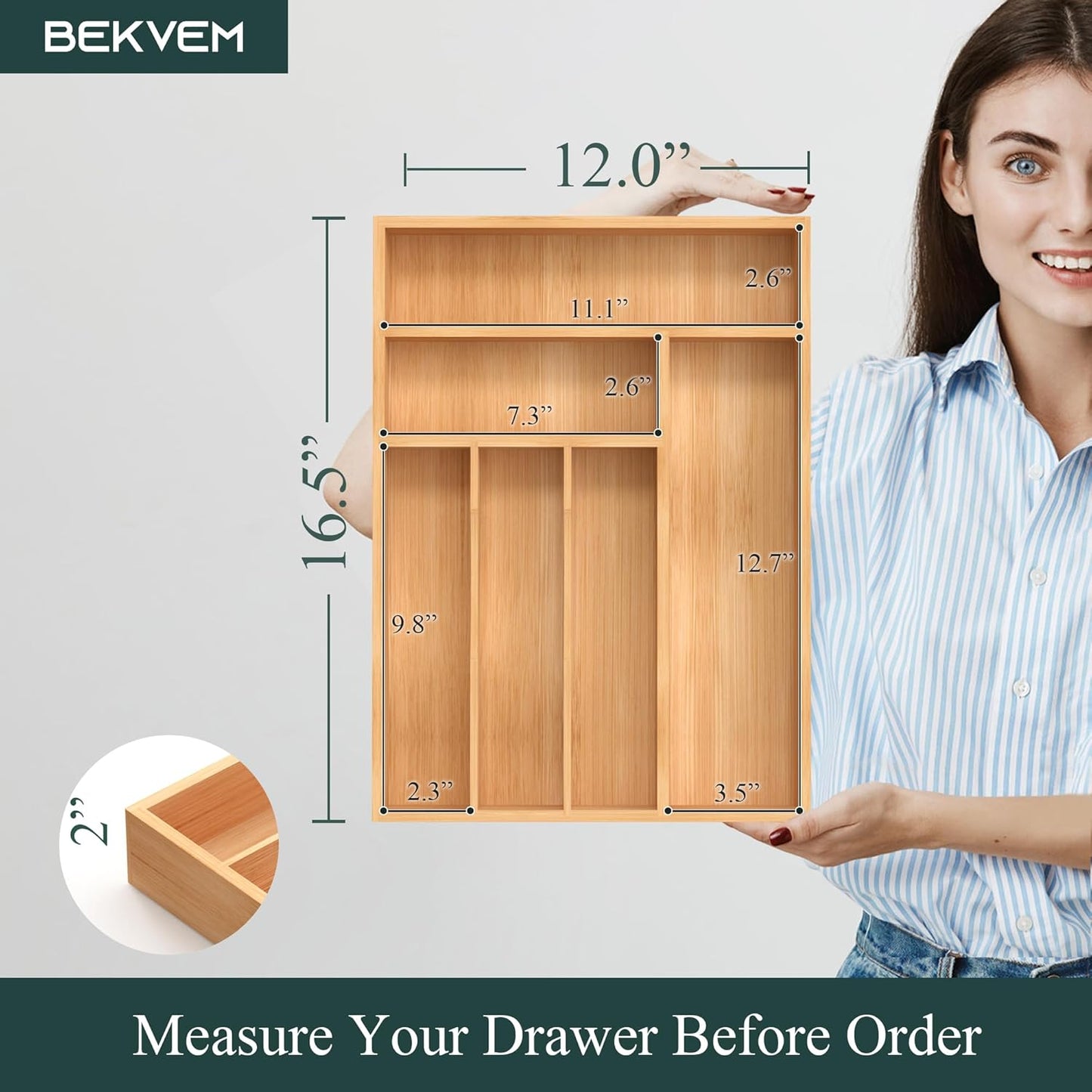 Bamboo Silverware Organizer, Kitchen Drawer Organizer, Utensil Holder, Cutlery Tray & Spoon Flatware Storage with Grooved Drawer Dividers (9.5''W x 13.5''D)