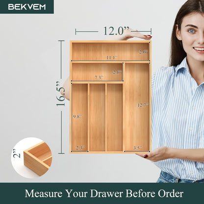 Bamboo Silverware Organizer, Kitchen Drawer Organizer, Utensil Holder, Cutlery Tray & Spoon Flatware Storage with Grooved Drawer Dividers (9.5''W x 13.5''D)