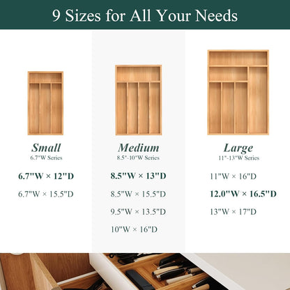 Bamboo Silverware Organizer, Kitchen Drawer Organizer, Utensil Holder, Cutlery Tray & Spoon Flatware Storage with Grooved Drawer Dividers (9.5''W x 13.5''D)