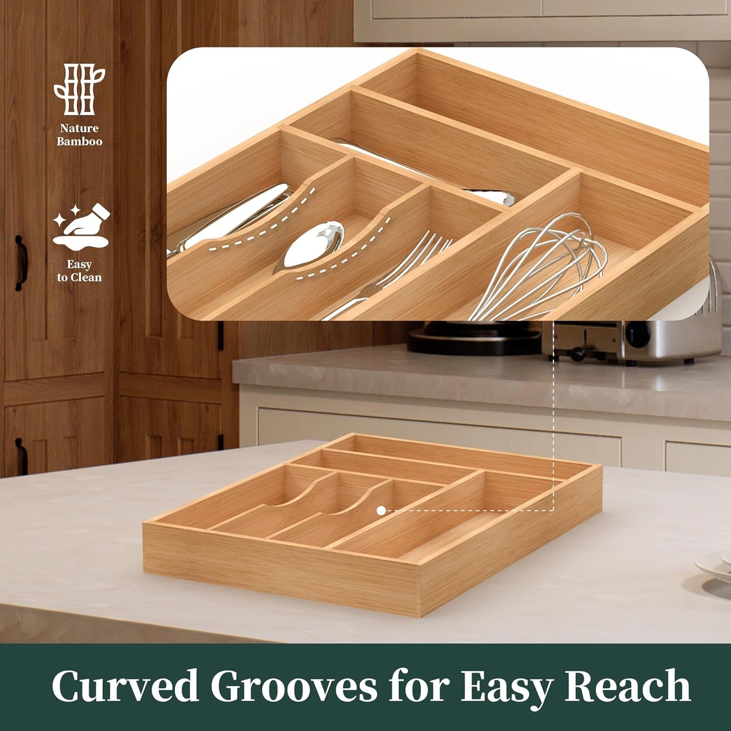 Bamboo Silverware Organizer, Kitchen Drawer Organizer, Utensil Holder, Cutlery Tray & Spoon Flatware Storage with Grooved Drawer Dividers (9.5''W x 13.5''D)