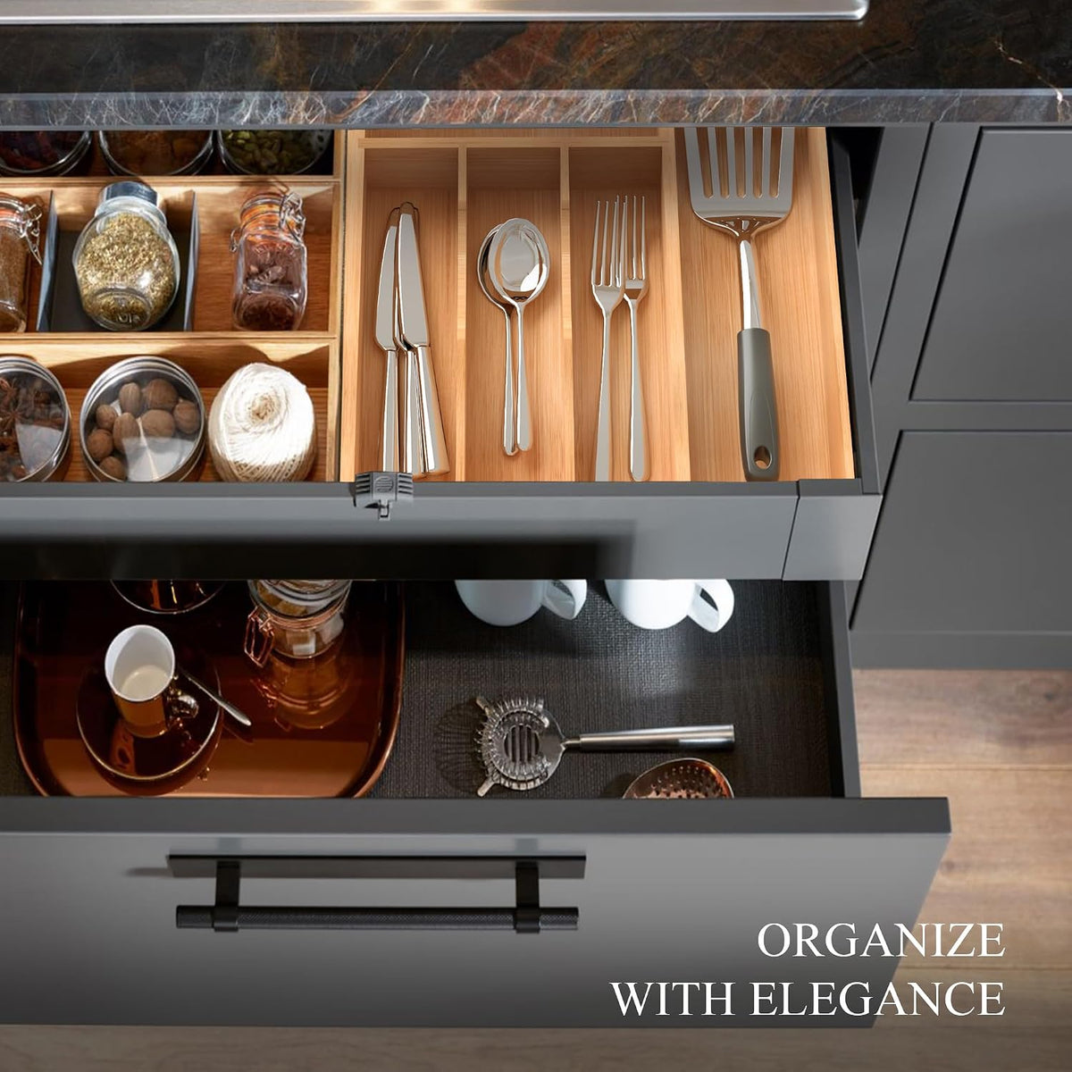 Bamboo Silverware Organizer, Kitchen Drawer Organizer, Utensil Holder, Cutlery Tray & Spoon Flatware Storage with Grooved Drawer Dividers (9.5''W x 13.5''D)
