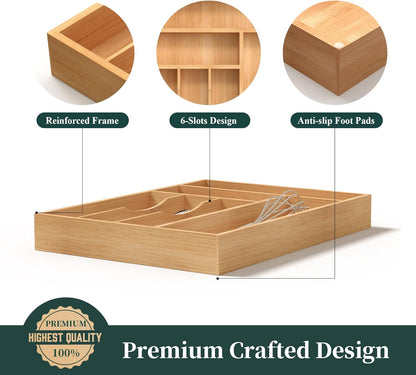 Bamboo Silverware Organizer, Kitchen Drawer Organizer, Utensil Holder, Cutlery Tray & Spoon Flatware Storage with Grooved Drawer Dividers (9.5''W x 13.5''D)