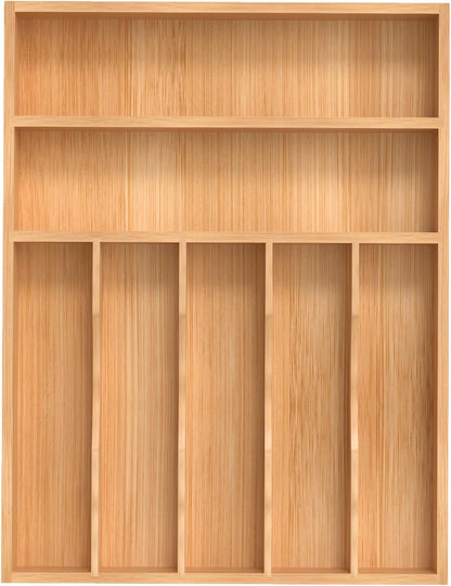 Bamboo Silverware Organizer, Kitchen Drawer Organizer, Utensil Holder, Cutlery Tray & Spoon Flatware Storage with Grooved Drawer Dividers (9.5''W x 13.5''D)