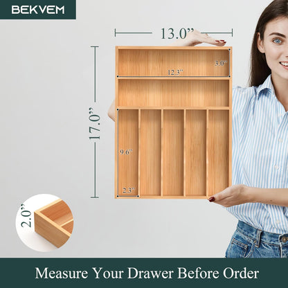 Bamboo Silverware Organizer, Kitchen Drawer Organizer, Utensil Holder, Cutlery Tray & Spoon Flatware Storage with Grooved Drawer Dividers (9.5''W x 13.5''D)