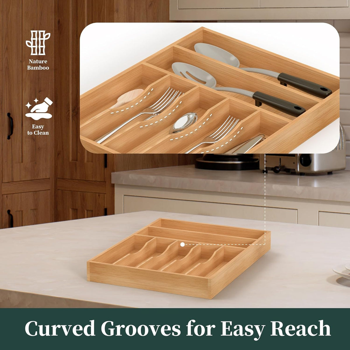 Bamboo Silverware Organizer, Kitchen Drawer Organizer, Utensil Holder, Cutlery Tray & Spoon Flatware Storage with Grooved Drawer Dividers (9.5''W x 13.5''D)
