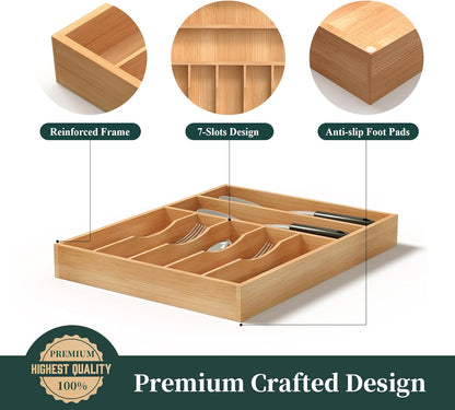 Bamboo Silverware Organizer, Kitchen Drawer Organizer, Utensil Holder, Cutlery Tray & Spoon Flatware Storage with Grooved Drawer Dividers (9.5''W x 13.5''D)