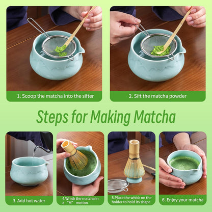 7 Pcs Matcha Whisk Set Blue, Ceramic Matcha Set, Matcha Kit for Ceremony, Matcha Tea Set for Making Breakfast/Latte, Tradition Whisk Set and Bowl with Scoop&Sifter, Gift for Friend/Family