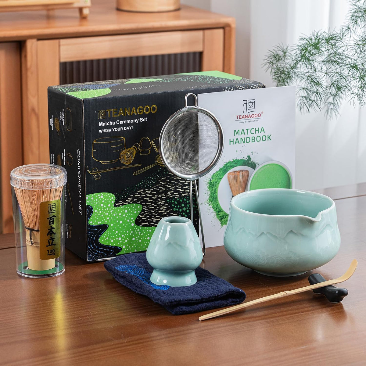 7 Pcs Matcha Whisk Set Blue, Ceramic Matcha Set, Matcha Kit for Ceremony, Matcha Tea Set for Making Breakfast/Latte, Tradition Whisk Set and Bowl with Scoop&Sifter, Gift for Friend/Family