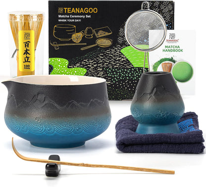 7 Pcs Matcha Whisk Set Blue, Ceramic Matcha Set, Matcha Kit for Ceremony, Matcha Tea Set for Making Breakfast/Latte, Tradition Whisk Set and Bowl with Scoop&Sifter, Gift for Friend/Family