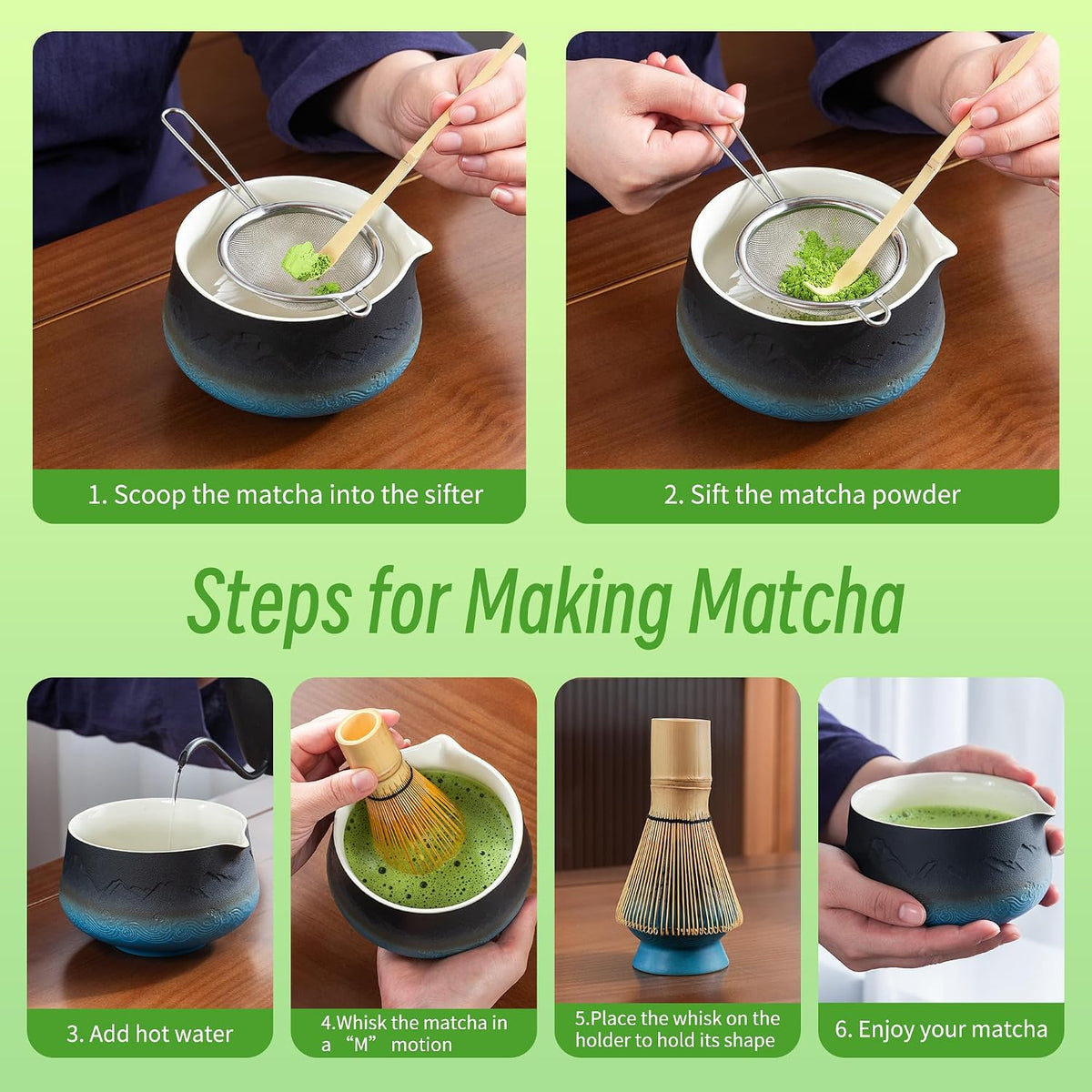 7 Pcs Matcha Whisk Set Blue, Ceramic Matcha Set, Matcha Kit for Ceremony, Matcha Tea Set for Making Breakfast/Latte, Tradition Whisk Set and Bowl with Scoop&Sifter, Gift for Friend/Family