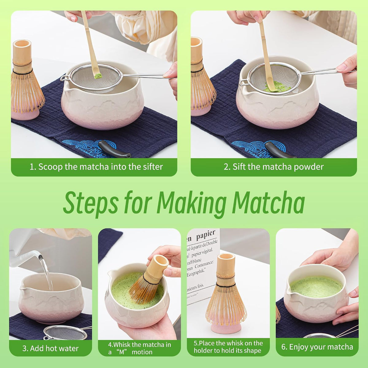 7 Pcs Matcha Whisk Set Blue, Ceramic Matcha Set, Matcha Kit for Ceremony, Matcha Tea Set for Making Breakfast/Latte, Tradition Whisk Set and Bowl with Scoop&Sifter, Gift for Friend/Family