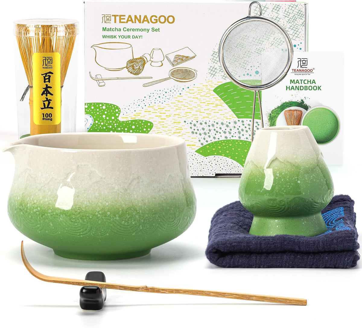 7 Pcs Matcha Whisk Set Blue, Ceramic Matcha Set, Matcha Kit for Ceremony, Matcha Tea Set for Making Breakfast/Latte, Tradition Whisk Set and Bowl with Scoop&Sifter, Gift for Friend/Family