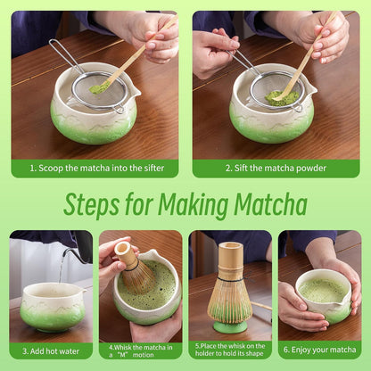 7 Pcs Matcha Whisk Set Blue, Ceramic Matcha Set, Matcha Kit for Ceremony, Matcha Tea Set for Making Breakfast/Latte, Tradition Whisk Set and Bowl with Scoop&Sifter, Gift for Friend/Family