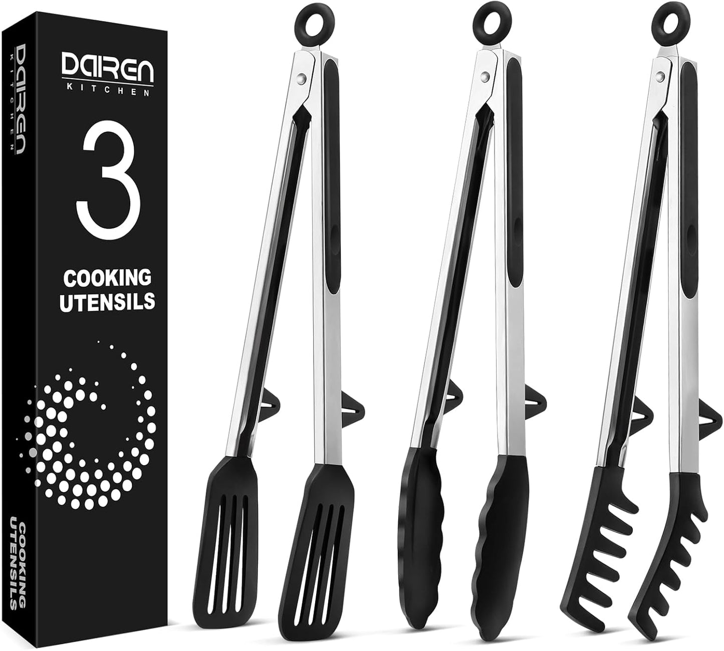 Kitchen Tongs for Cooking, Non Scratch Silicone Tip for Nonstick Cooking Pans, Food Grade Mini Serving Tongs, Pull Lock, Set of 3 (Black, 12 inch)
