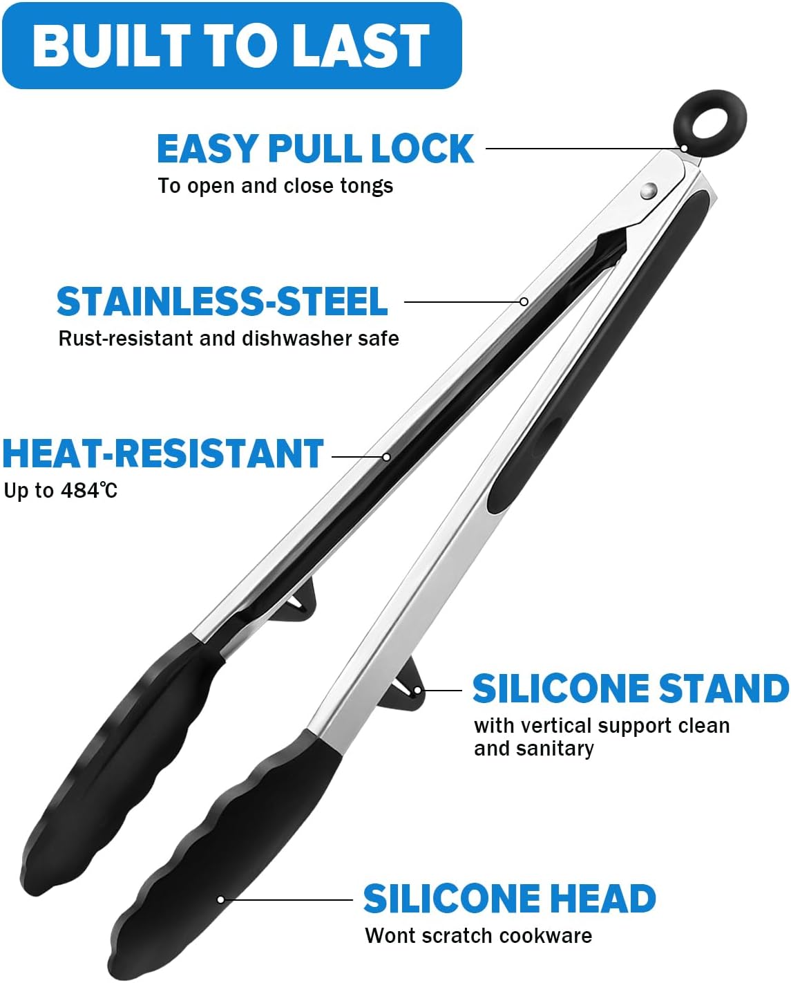 Kitchen Tongs for Cooking, Non Scratch Silicone Tip for Nonstick Cooking Pans, Food Grade Mini Serving Tongs, Pull Lock, Set of 3 (Black, 12 inch)