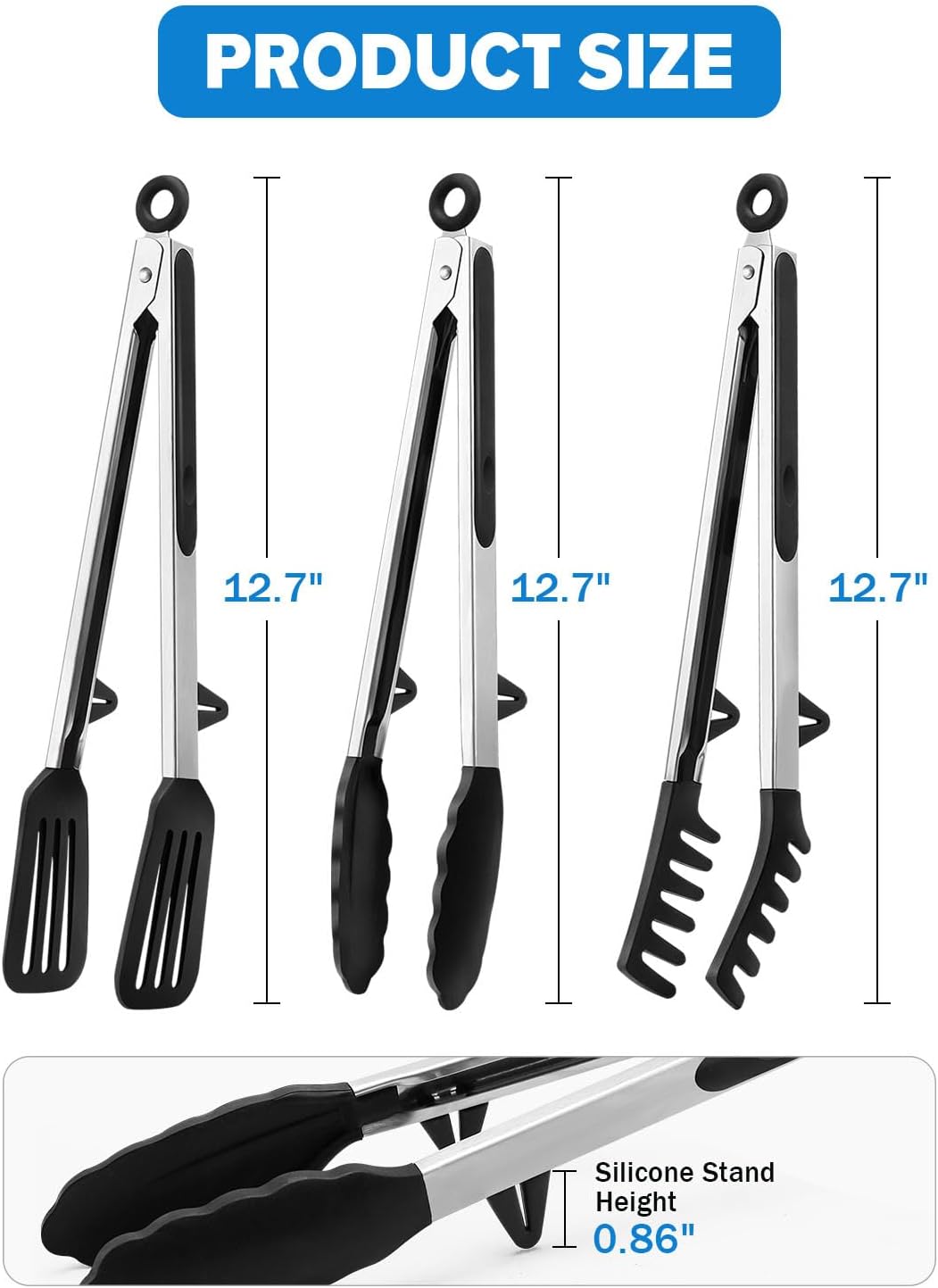 Kitchen Tongs for Cooking, Non Scratch Silicone Tip for Nonstick Cooking Pans, Food Grade Mini Serving Tongs, Pull Lock, Set of 3 (Black, 12 inch)