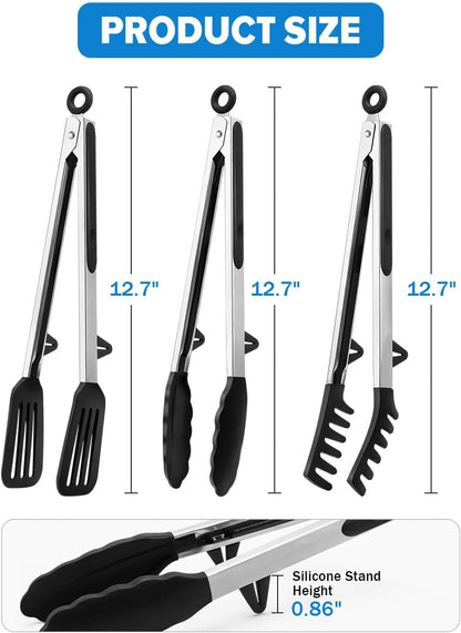 Kitchen Tongs for Cooking, Non Scratch Silicone Tip for Nonstick Cooking Pans, Food Grade Mini Serving Tongs, Pull Lock, Set of 3 (Black, 12 inch)