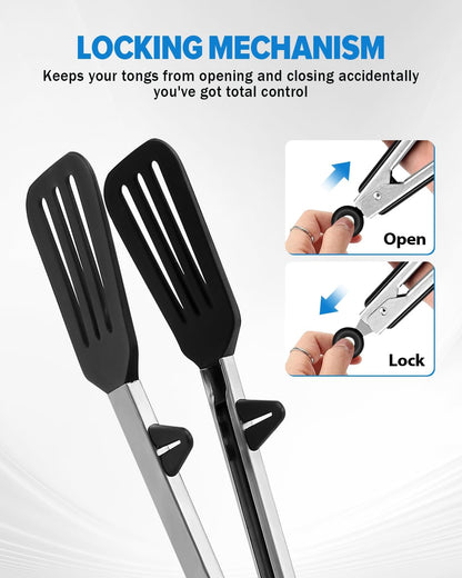 Kitchen Tongs for Cooking, Non Scratch Silicone Tip for Nonstick Cooking Pans, Food Grade Mini Serving Tongs, Pull Lock, Set of 3 (Black, 12 inch)