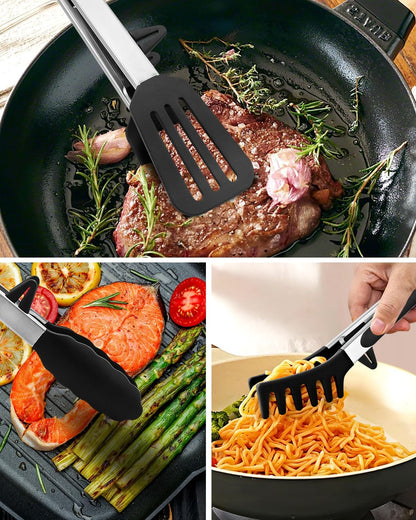 Kitchen Tongs for Cooking, Non Scratch Silicone Tip for Nonstick Cooking Pans, Food Grade Mini Serving Tongs, Pull Lock, Set of 3 (Black, 12 inch)