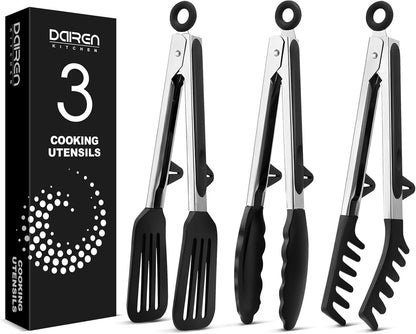 Kitchen Tongs for Cooking, Non Scratch Silicone Tip for Nonstick Cooking Pans, Food Grade Mini Serving Tongs, Pull Lock, Set of 3 (Black, 12 inch)