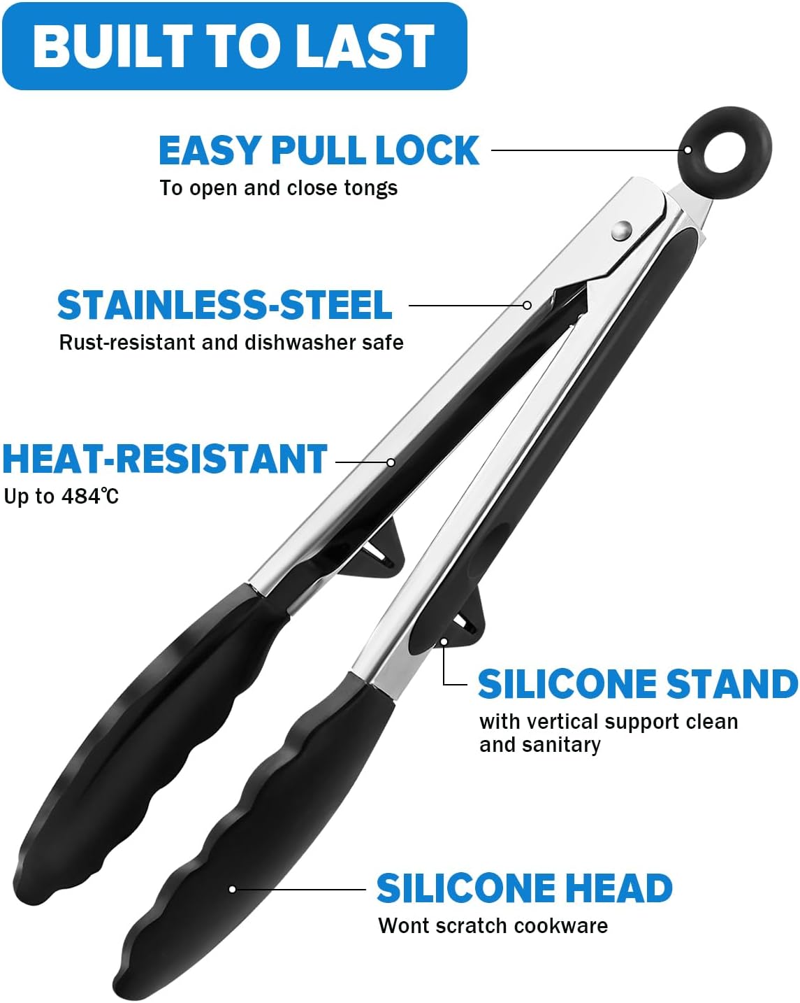 Kitchen Tongs for Cooking, Non Scratch Silicone Tip for Nonstick Cooking Pans, Food Grade Mini Serving Tongs, Pull Lock, Set of 3 (Black, 12 inch)
