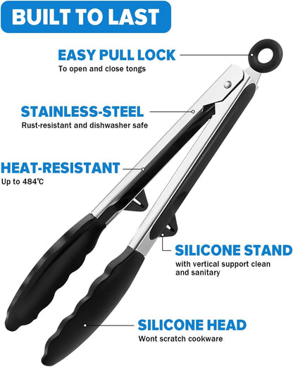 Kitchen Tongs for Cooking, Non Scratch Silicone Tip for Nonstick Cooking Pans, Food Grade Mini Serving Tongs, Pull Lock, Set of 3 (Black, 12 inch)