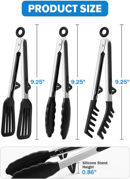Kitchen Tongs for Cooking, Non Scratch Silicone Tip for Nonstick Cooking Pans, Food Grade Mini Serving Tongs, Pull Lock, Set of 3 (Black, 12 inch)