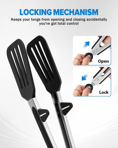 Kitchen Tongs for Cooking, Non Scratch Silicone Tip for Nonstick Cooking Pans, Food Grade Mini Serving Tongs, Pull Lock, Set of 3 (Black, 12 inch)