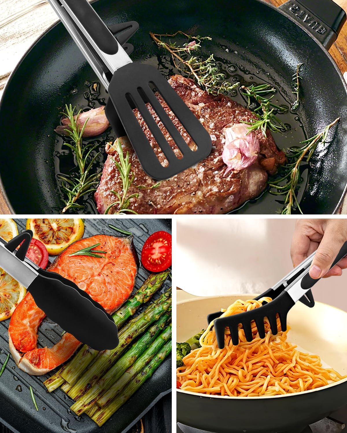 Kitchen Tongs for Cooking, Non Scratch Silicone Tip for Nonstick Cooking Pans, Food Grade Mini Serving Tongs, Pull Lock, Set of 3 (Black, 12 inch)