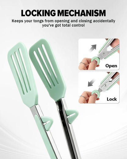 Kitchen Tongs for Cooking, Non Scratch Silicone Tip for Nonstick Cooking Pans, Food Grade Mini Serving Tongs, Pull Lock, Set of 3 (Black, 12 inch)