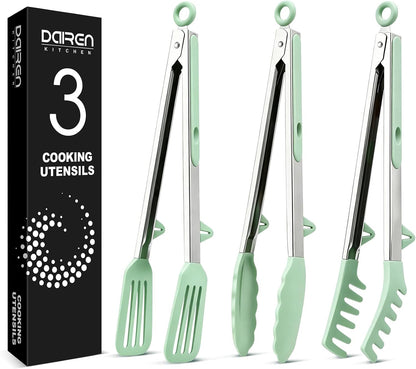 Kitchen Tongs for Cooking, Non Scratch Silicone Tip for Nonstick Cooking Pans, Food Grade Mini Serving Tongs, Pull Lock, Set of 3 (Black, 12 inch)