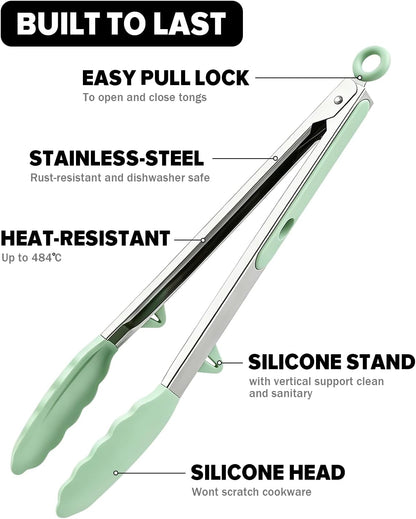 Kitchen Tongs for Cooking, Non Scratch Silicone Tip for Nonstick Cooking Pans, Food Grade Mini Serving Tongs, Pull Lock, Set of 3 (Black, 12 inch)