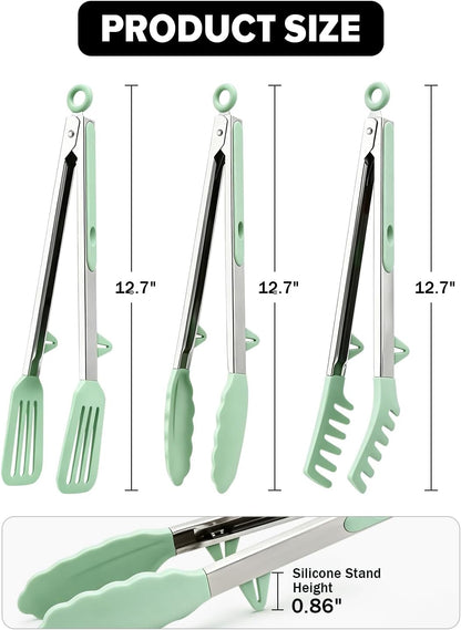 Kitchen Tongs for Cooking, Non Scratch Silicone Tip for Nonstick Cooking Pans, Food Grade Mini Serving Tongs, Pull Lock, Set of 3 (Black, 12 inch)
