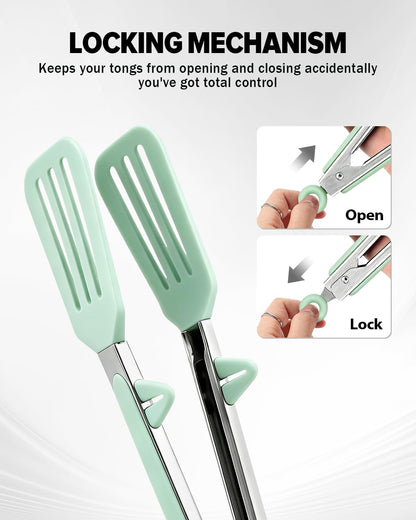 Kitchen Tongs for Cooking, Non Scratch Silicone Tip for Nonstick Cooking Pans, Food Grade Mini Serving Tongs, Pull Lock, Set of 3 (Black, 12 inch)