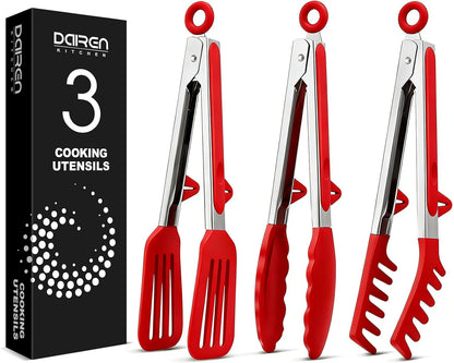 Kitchen Tongs for Cooking, Non Scratch Silicone Tip for Nonstick Cooking Pans, Food Grade Mini Serving Tongs, Pull Lock, Set of 3 (Black, 12 inch)