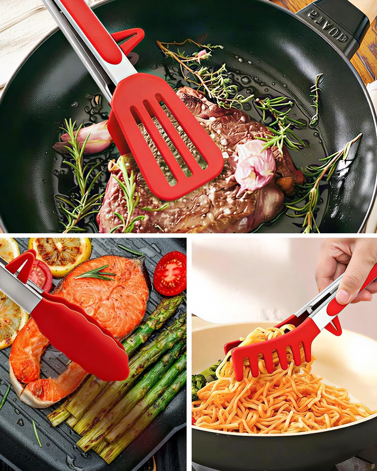 Kitchen Tongs for Cooking, Non Scratch Silicone Tip for Nonstick Cooking Pans, Food Grade Mini Serving Tongs, Pull Lock, Set of 3 (Black, 12 inch)