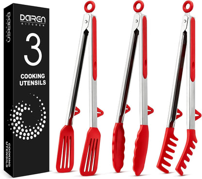 Kitchen Tongs for Cooking, Non Scratch Silicone Tip for Nonstick Cooking Pans, Food Grade Mini Serving Tongs, Pull Lock, Set of 3 (Black, 12 inch)