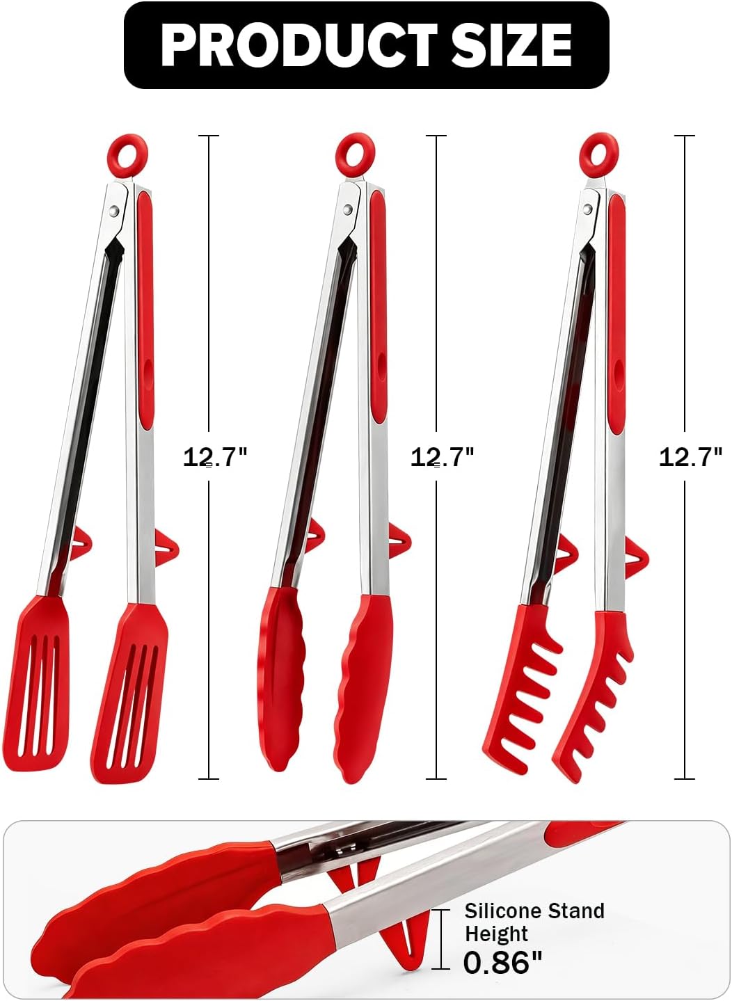 Kitchen Tongs for Cooking, Non Scratch Silicone Tip for Nonstick Cooking Pans, Food Grade Mini Serving Tongs, Pull Lock, Set of 3 (Black, 12 inch)