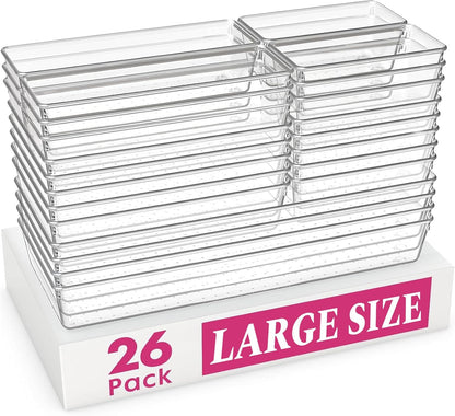 Large Drawer Organizer Bins 26 Pack | Complete 5 Size Clear Plastic Kitchen Drawer Organizers for Utensils | Bathroom Drawer Organizer Trays | Versatile for Makeup Office Organization