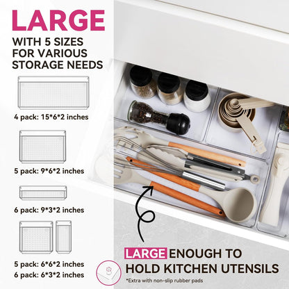 Large Drawer Organizer Bins 26 Pack | Complete 5 Size Clear Plastic Kitchen Drawer Organizers for Utensils | Bathroom Drawer Organizer Trays | Versatile for Makeup Office Organization