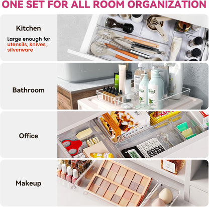 Large Drawer Organizer Bins 26 Pack | Complete 5 Size Clear Plastic Kitchen Drawer Organizers for Utensils | Bathroom Drawer Organizer Trays | Versatile for Makeup Office Organization
