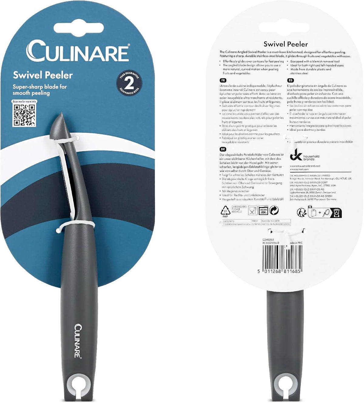 Swivel Peeler, Grey, Plastic/Stainless Steel, Manual Potato/Vegetable/Fruit Peeler, Moves Over Contours for Fast Peeling, Dishwasher Safe