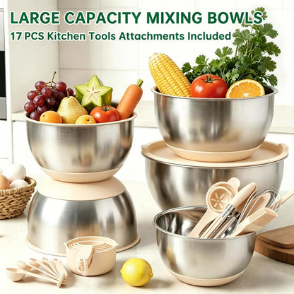 Mixing Bowls with Airtight Lids, Stainless Steel Mixing Bowls Set | 22Pcs Nesting Bowls with Non-Slip Silicone Base, thicker Metal Bowls for Baking & Prepping, 1.5/2/3/4/5 QT