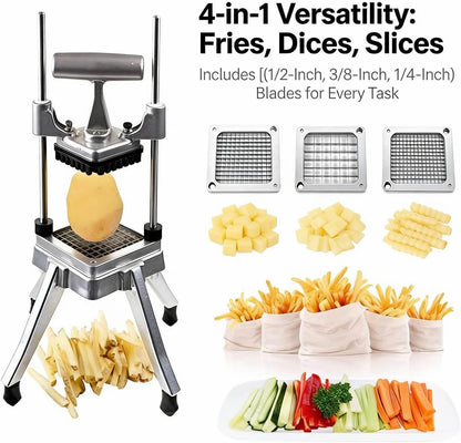 French Fry Cutter Commercial Vegetable Dicer Potato Fries Cutter Machine with 3 Blades(1/2-Inch, 3/8-Inch, 1/4-Inch) Blades,Heavy Duty Cutter for Potato Tomato Onion Mushroom