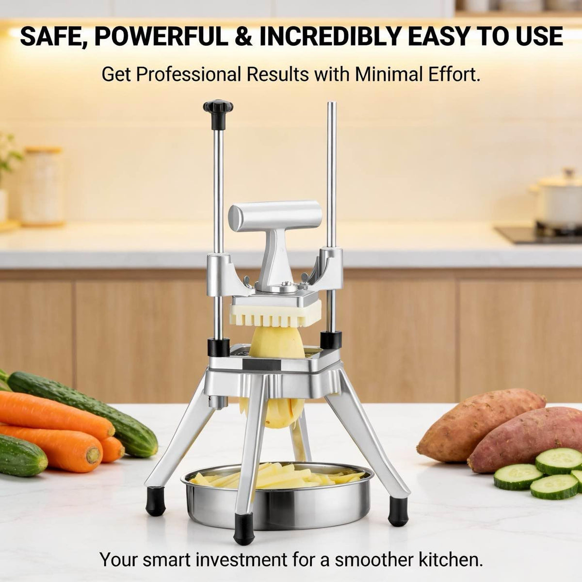 French Fry Cutter Commercial Vegetable Dicer Potato Fries Cutter Machine with 3 Blades(1/2-Inch, 3/8-Inch, 1/4-Inch) Blades,Heavy Duty Cutter for Potato Tomato Onion Mushroom