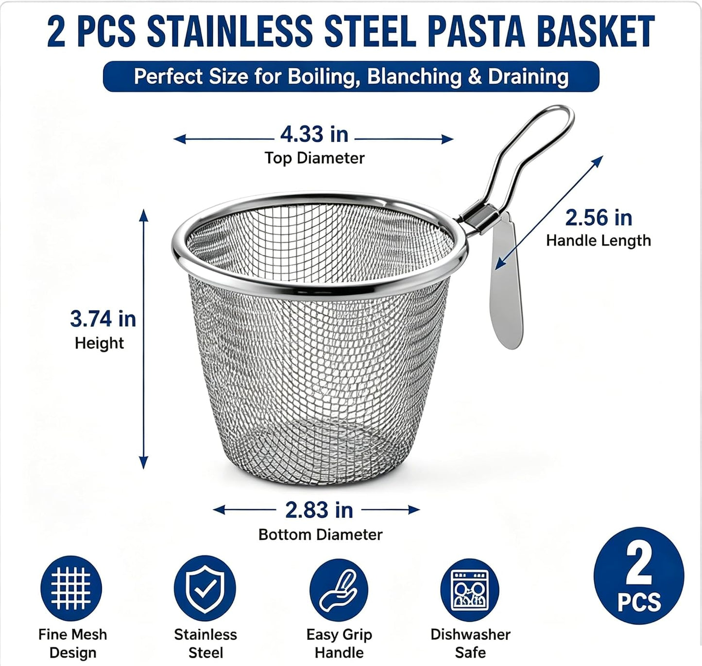 2pcs Stainless Steel Pasta Basket, Mesh Spider Food Dumpling Noodle Strainer, Fine Mesh Strainer with Handle, Food Strainers