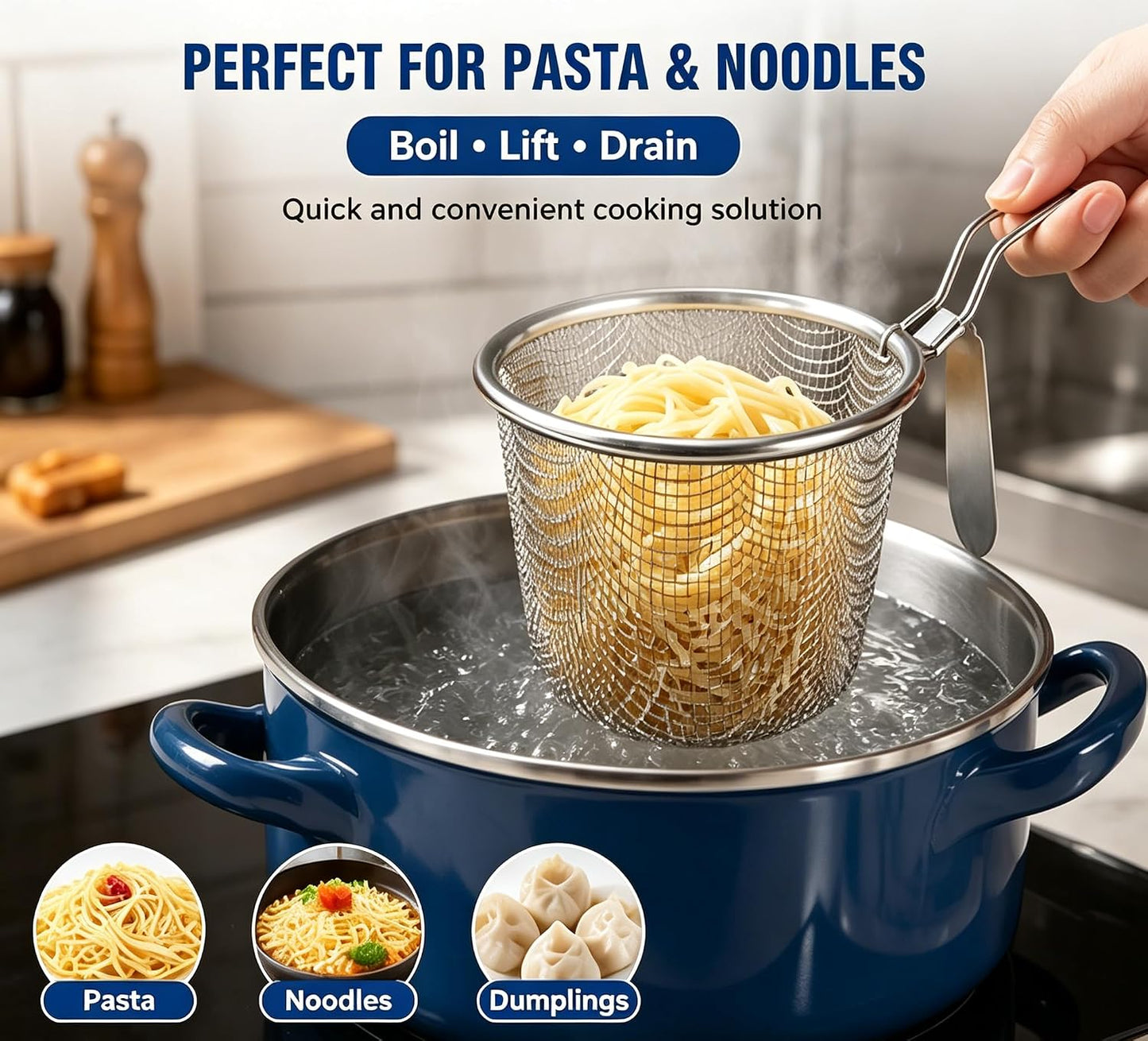 2pcs Stainless Steel Pasta Basket, Mesh Spider Food Dumpling Noodle Strainer, Fine Mesh Strainer with Handle, Food Strainers